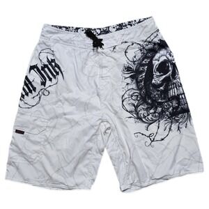 Y2K Miami Ink Barbed Wire Skull & Bones Board Shorts Sz 34 Swim Trunks VTG‎